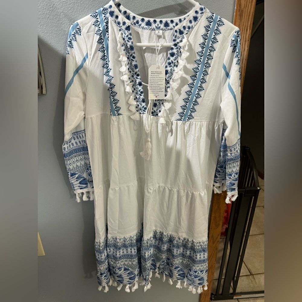 Made With Love Notch Neck Tiered Smock Boho Tassle Trim Dress NWT S Blue White